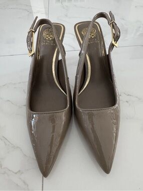 Vince Camuto Glossy Taupe Croc-Embossed Slingback Pointed Pumps